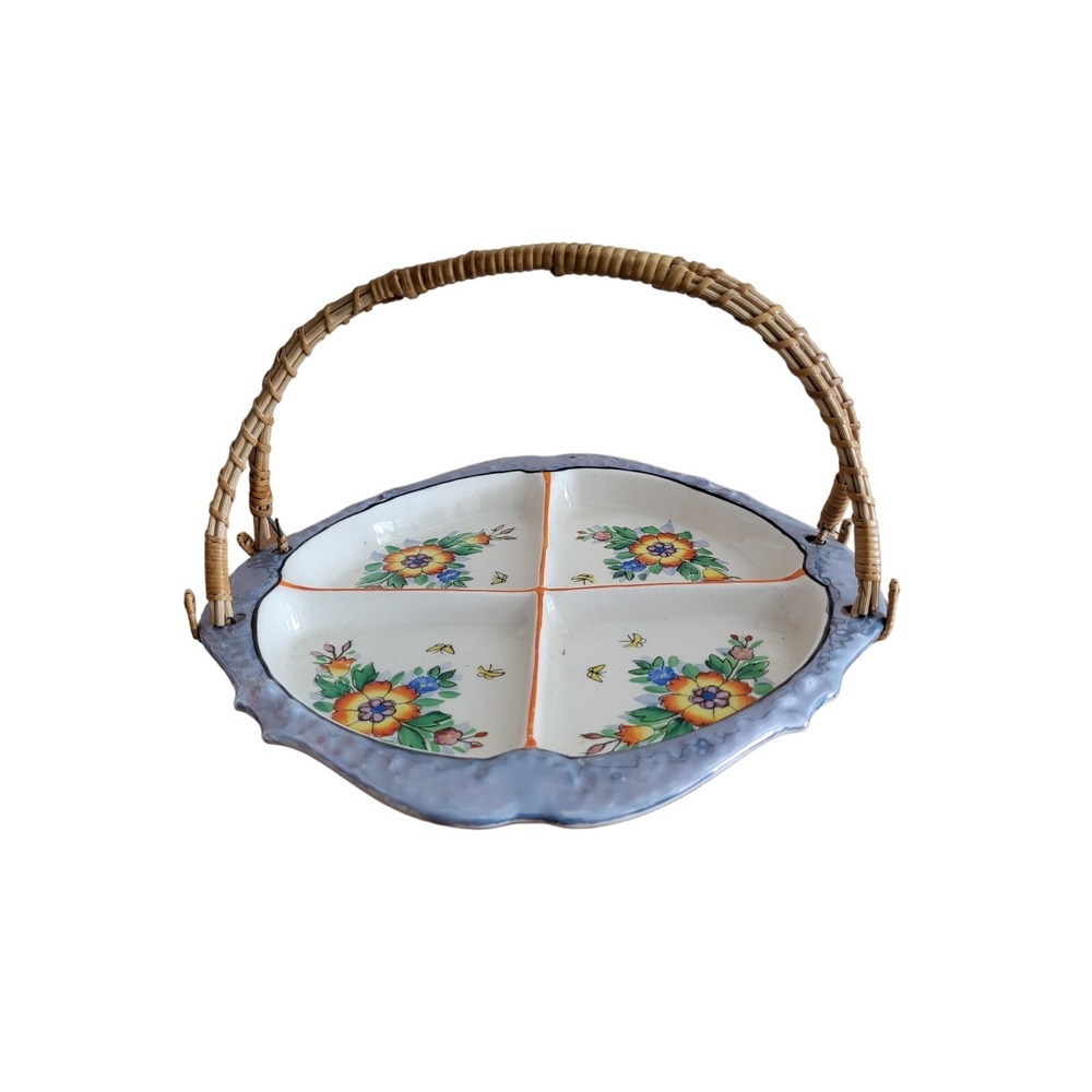 Vintage Handpainted Moriyama Japan‎ Divided Dish Rattan Handle Luster Edging